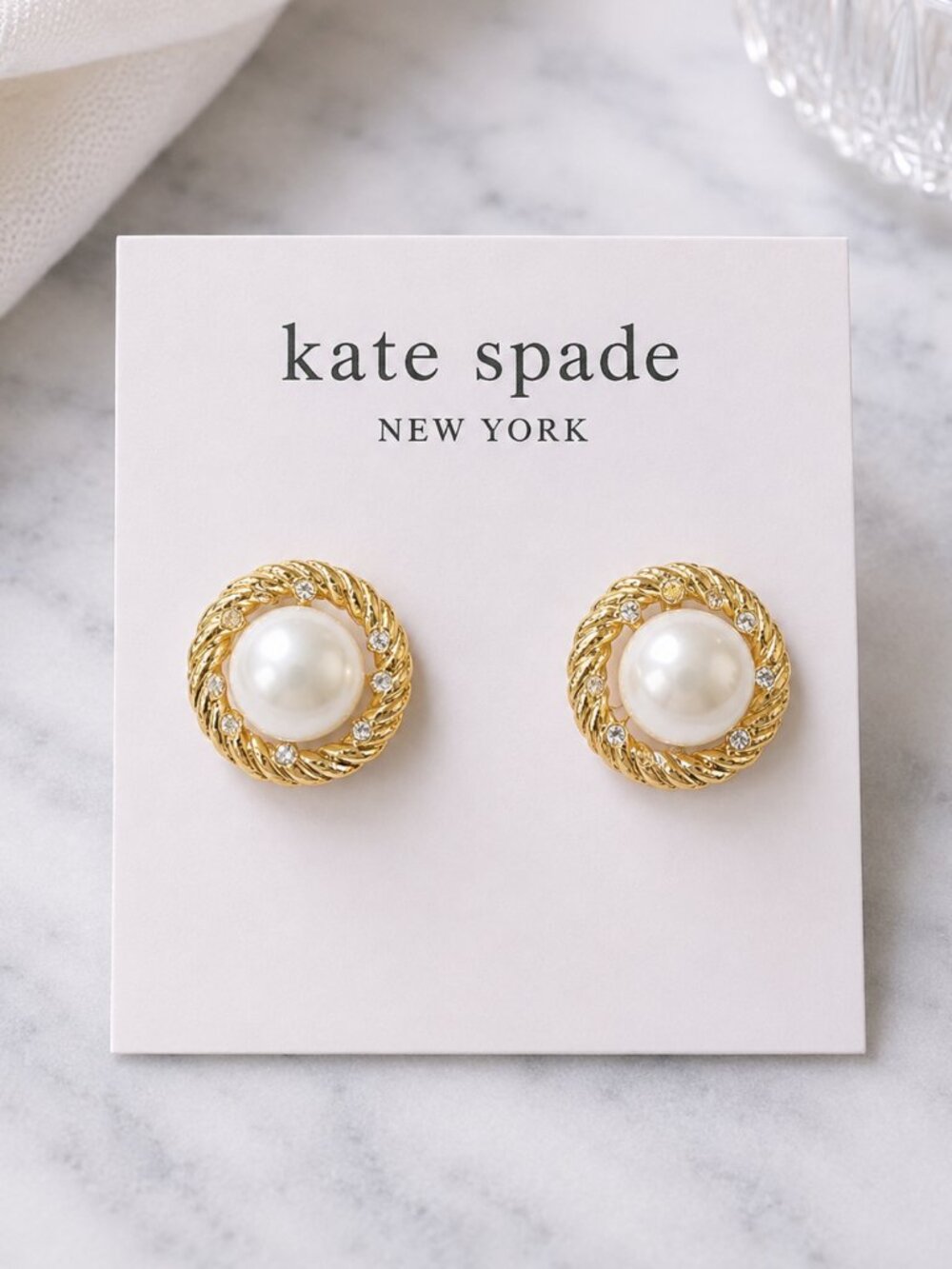 Kate Spade Pearl Stud Earrings Gold Crystal Halo Rope Statement Vintage Style
